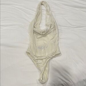 Zara NEW Cream Ivory plunge Shimmer Halter Bodysuit size xs